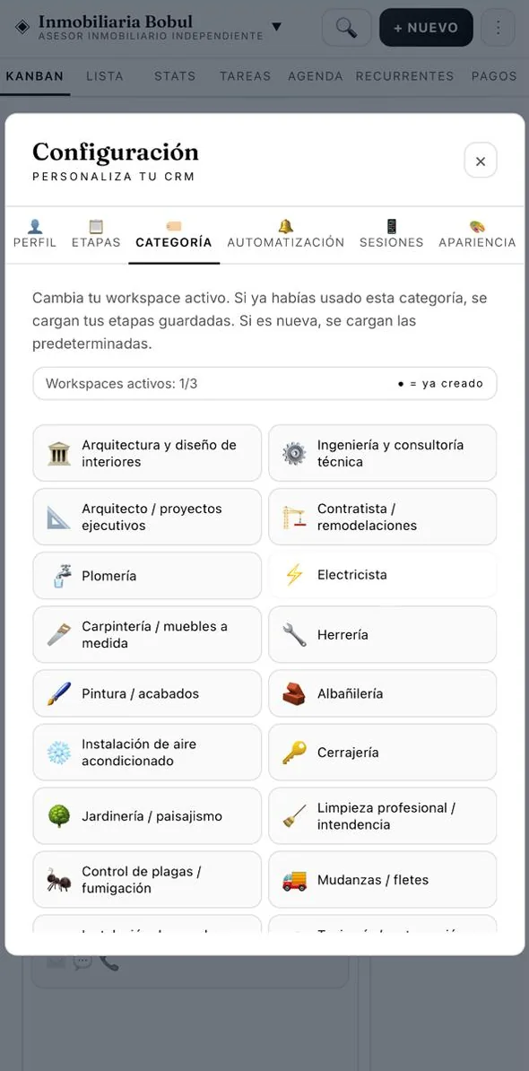 Catálogo de giros precargados en Bobul
