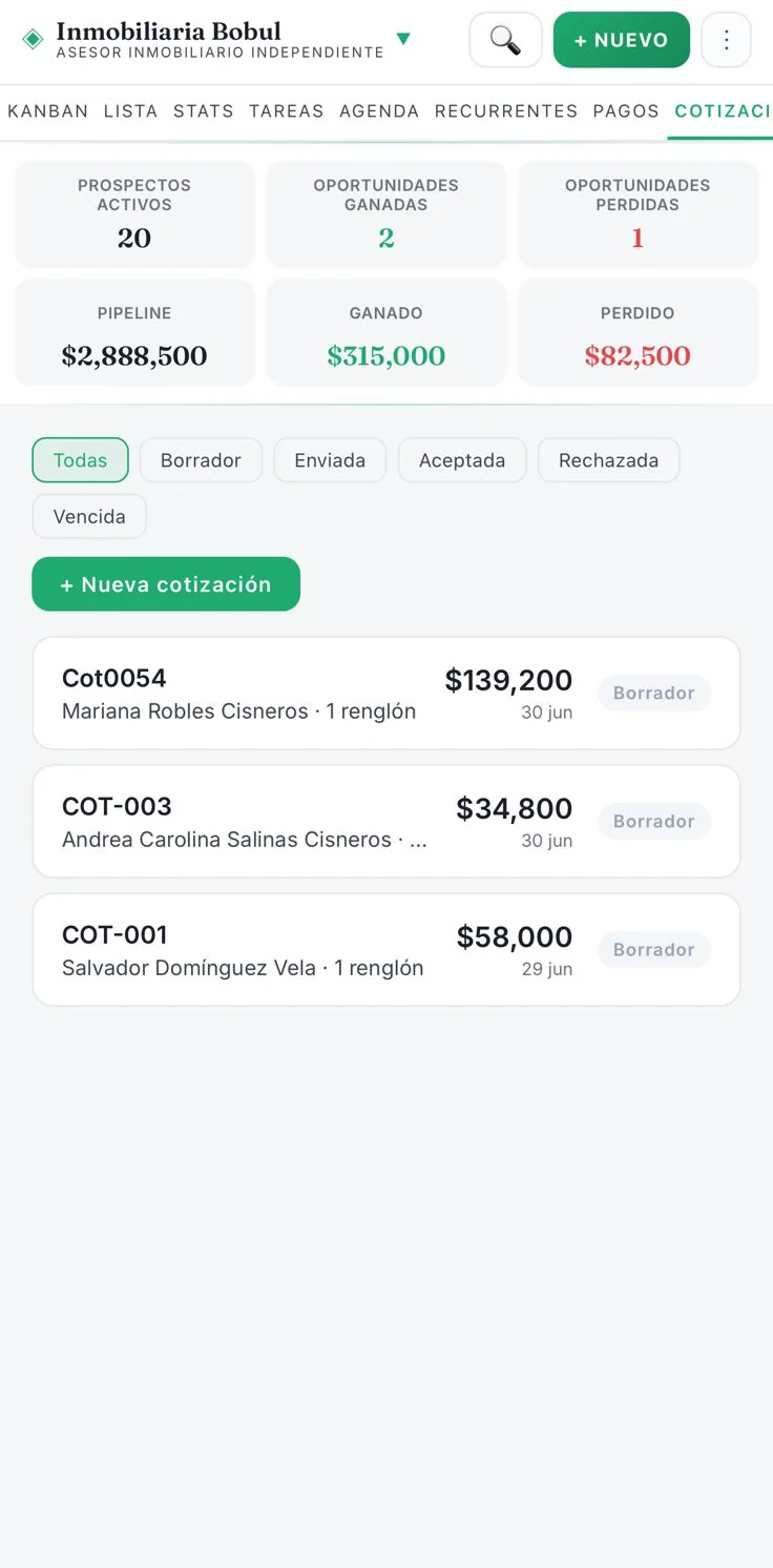 Lista de cotizaciones en Bobul con estado borrador, enviada, aceptada