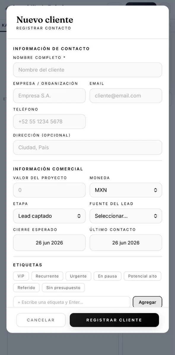 Formulario para registrar un nuevo cliente en Bobul